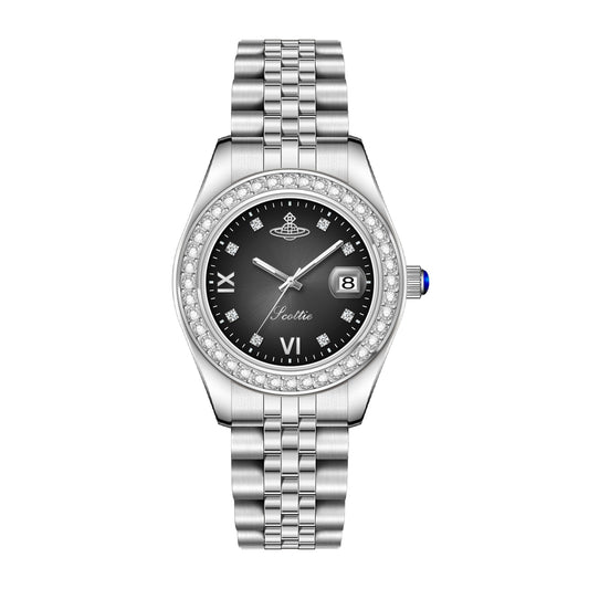 Scottie 9739b quartz wristwatch with a stainless steel case and band.