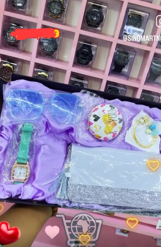 Valentine Gift box. Blue Sunglasses, mint green watch